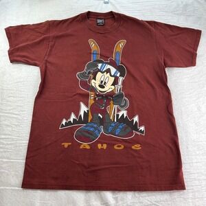Vtg 90s Disney‎ Mickey Mouse Tahoe Ski Graphic T-Shirt  Brick Red Cartoon Largr
